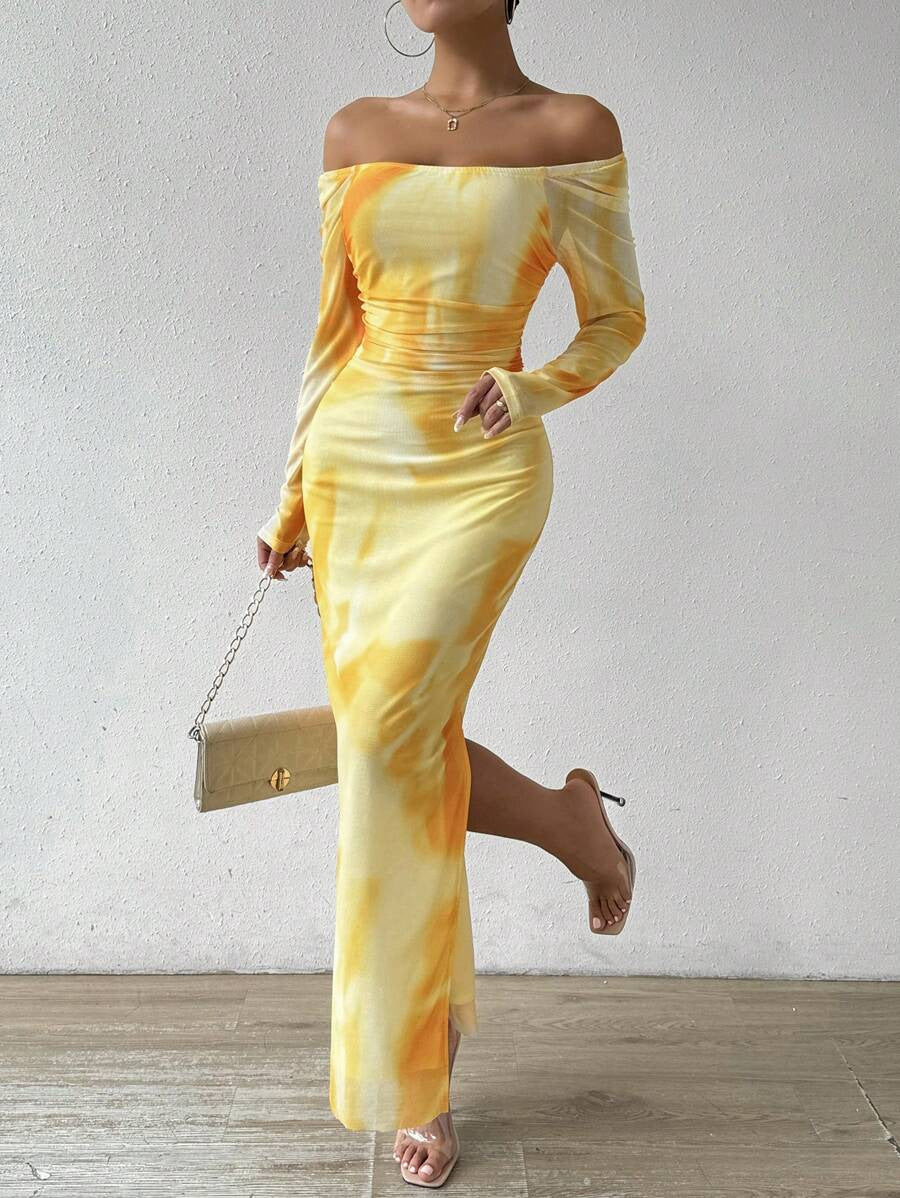 Off Shoulder Marbled Mesh Maxi Dress - Yellow