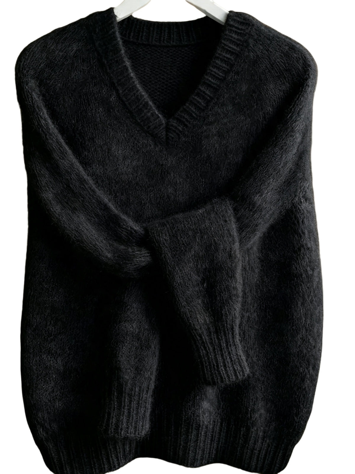Fuzzy Brushed Knit V Neck Slouchy Sweater - Black