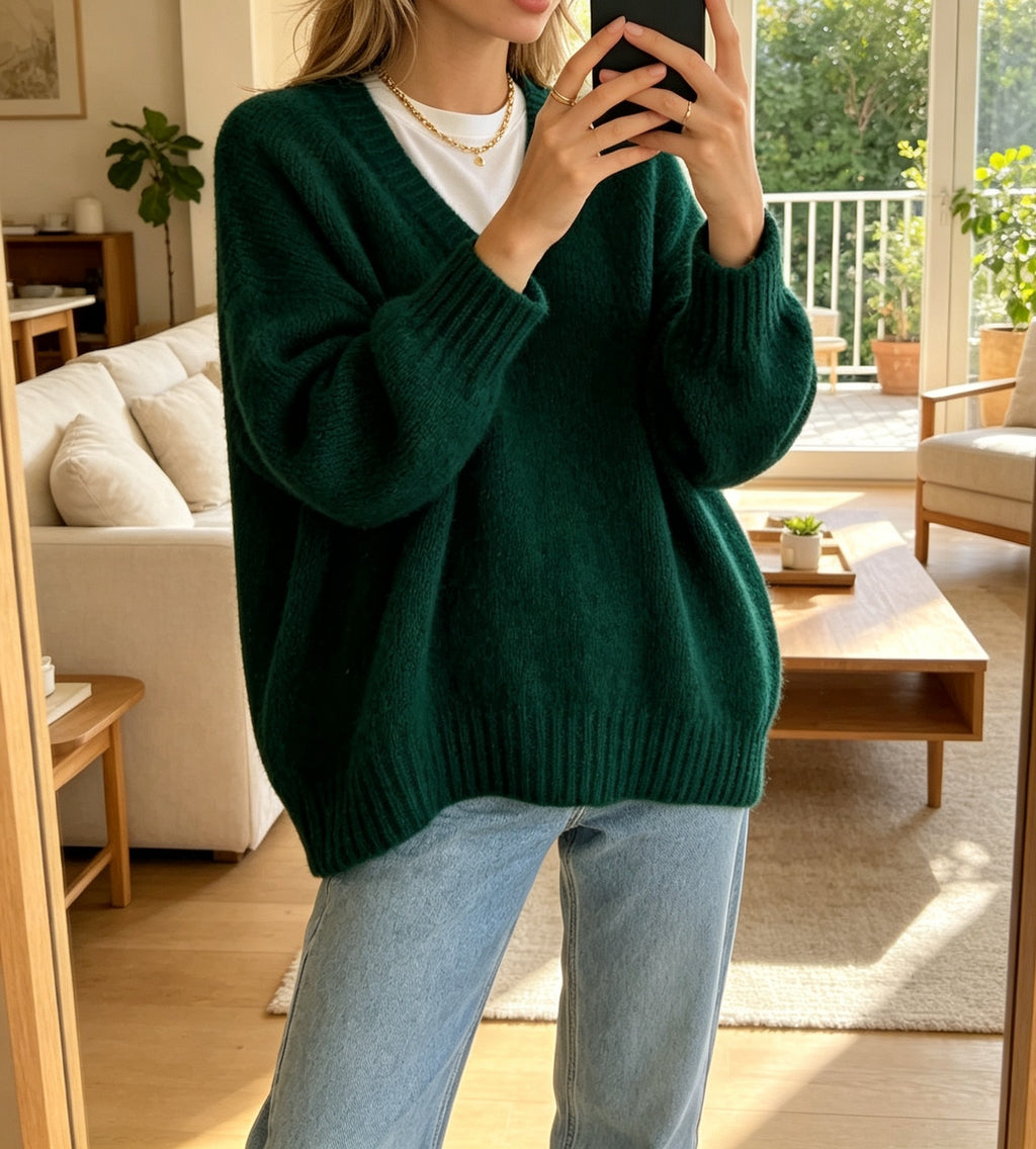 Fuzzy Brushed Knit V Neck Slouchy Sweater - DarkGreen