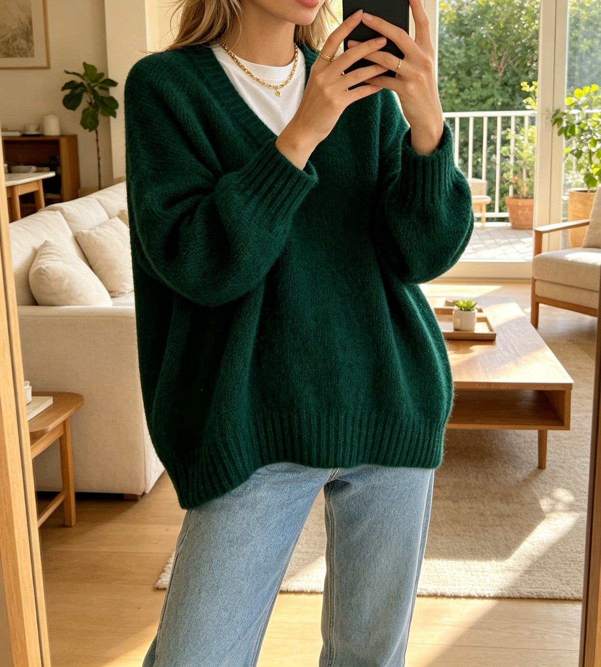 Fuzzy Brushed Knit V Neck Slouchy Sweater - DarkGreen
