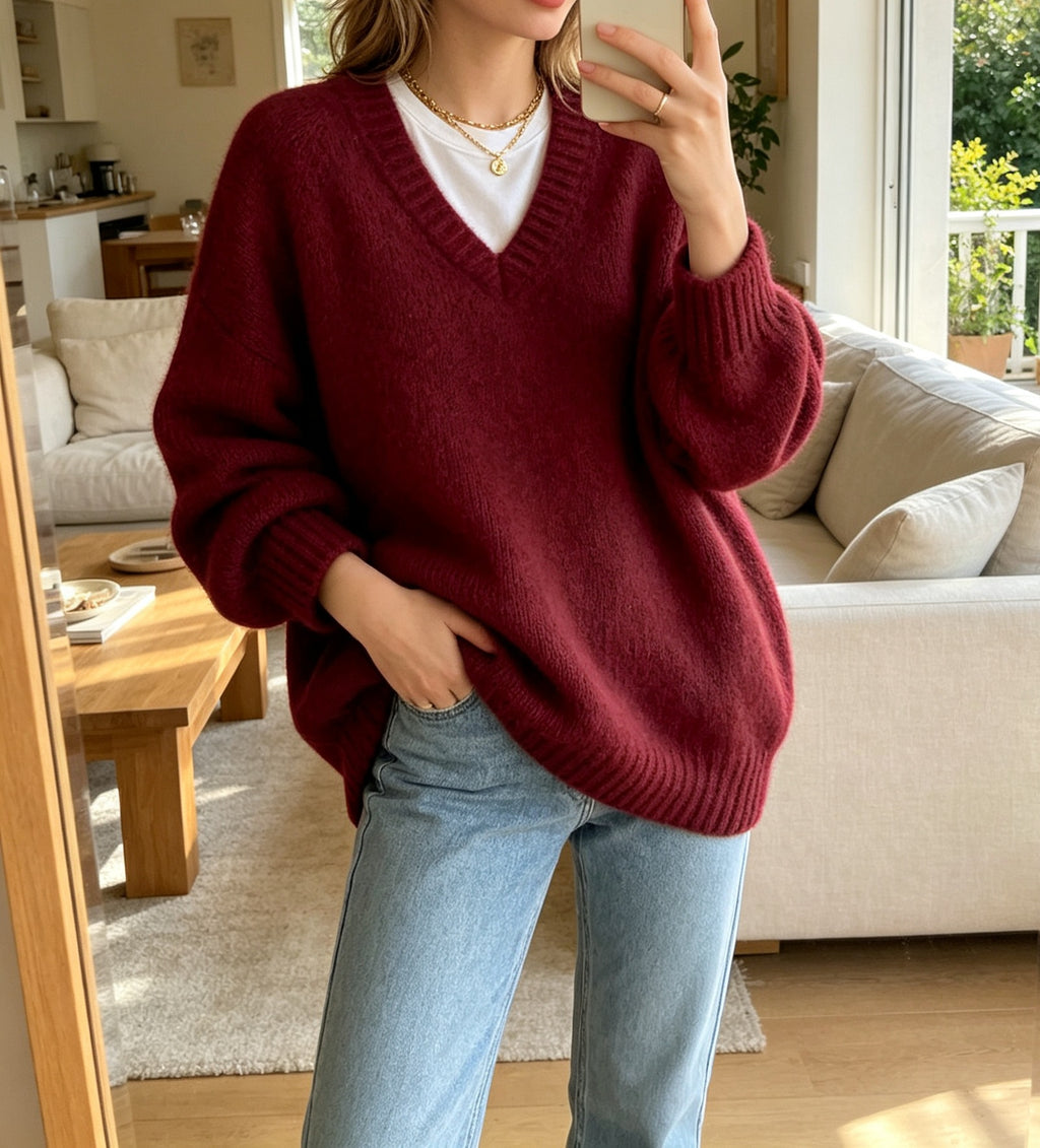 Fuzzy Brushed Knit V Neck Slouchy Sweater - DeepRed