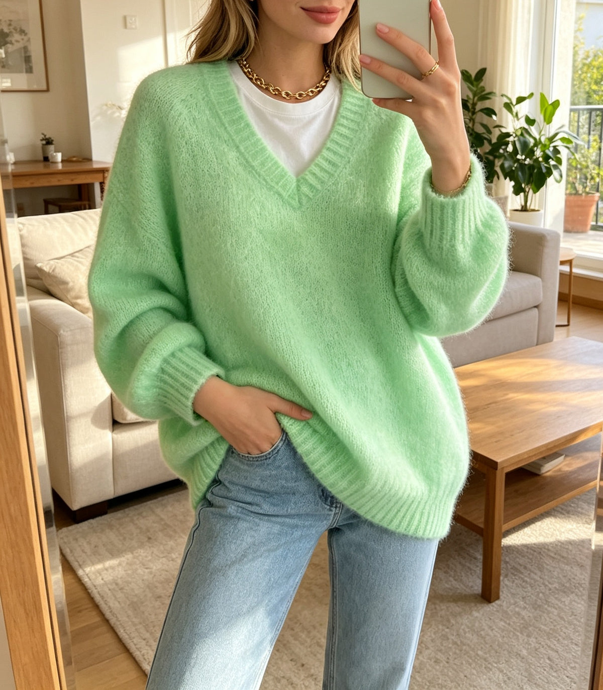 Fuzzy Brushed Knit V Neck Slouchy Sweater - Green