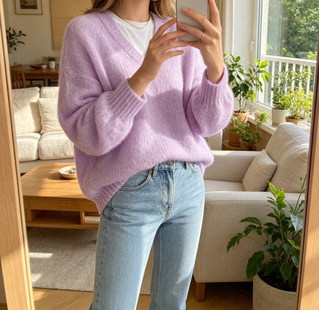 Fuzzy Brushed Knit V Neck Slouchy Sweater - LightPurple