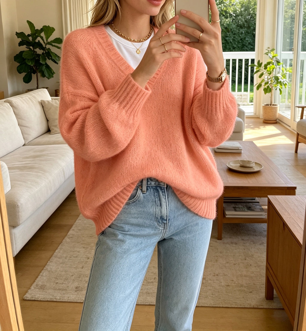 Fuzzy Brushed Knit V Neck Slouchy Sweater - Orange