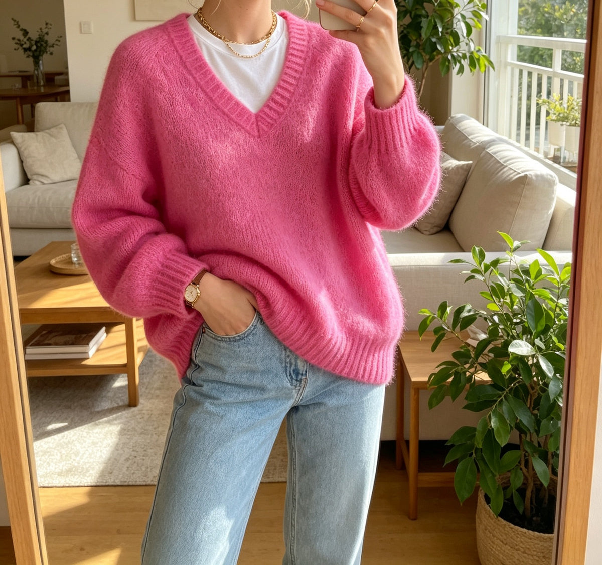 Fuzzy Brushed Knit V Neck Slouchy Sweater - Rose