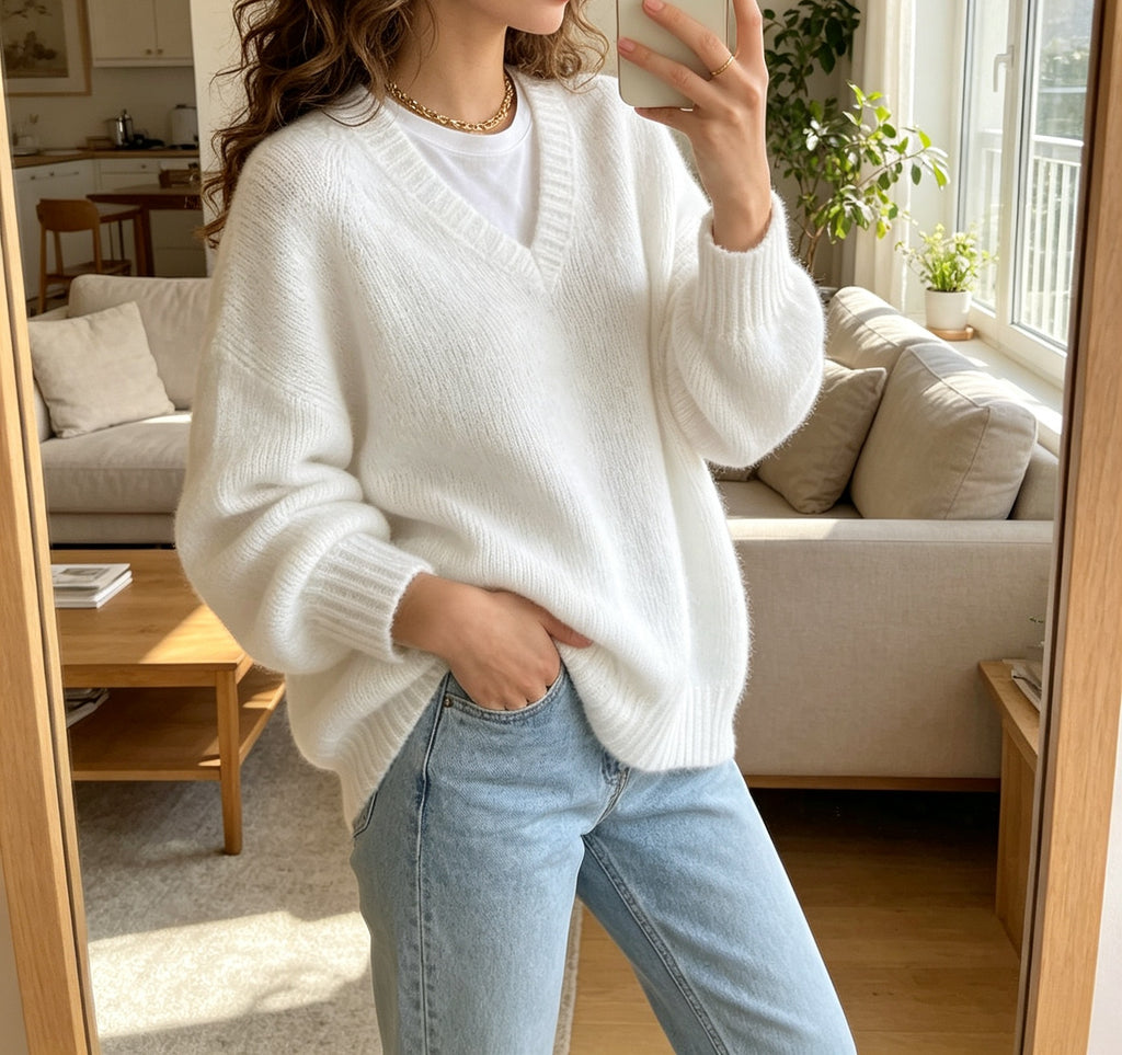 Fuzzy Brushed Knit V Neck Slouchy Sweater - White