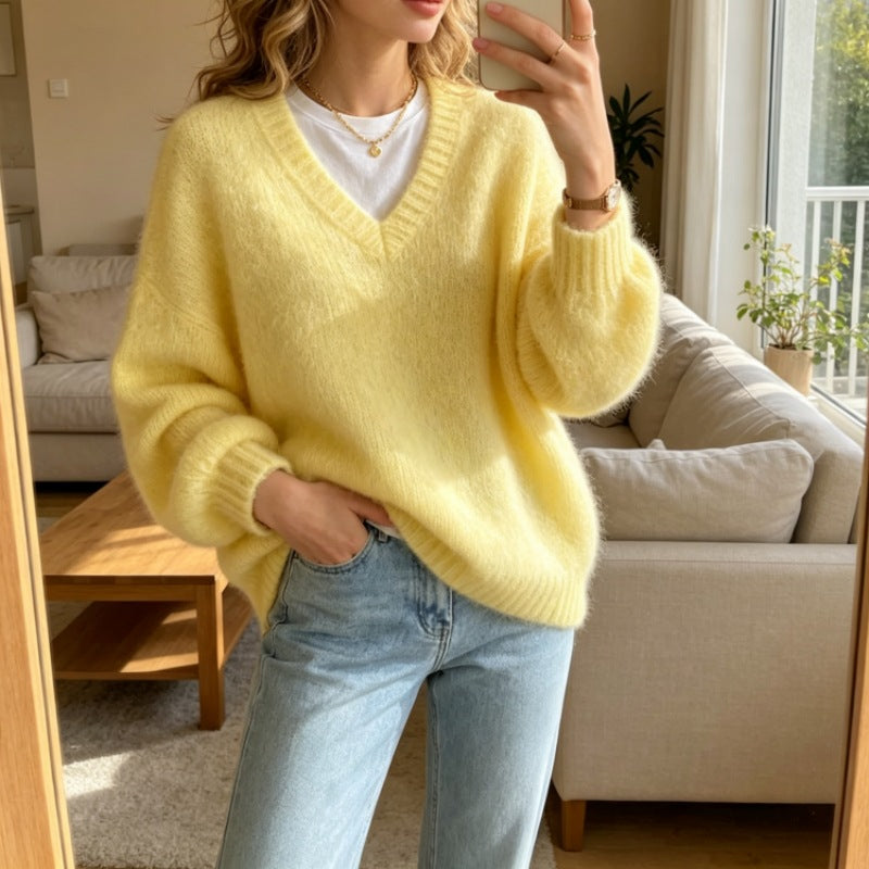 Fuzzy Brushed Knit V Neck Slouchy Sweater - Yellow