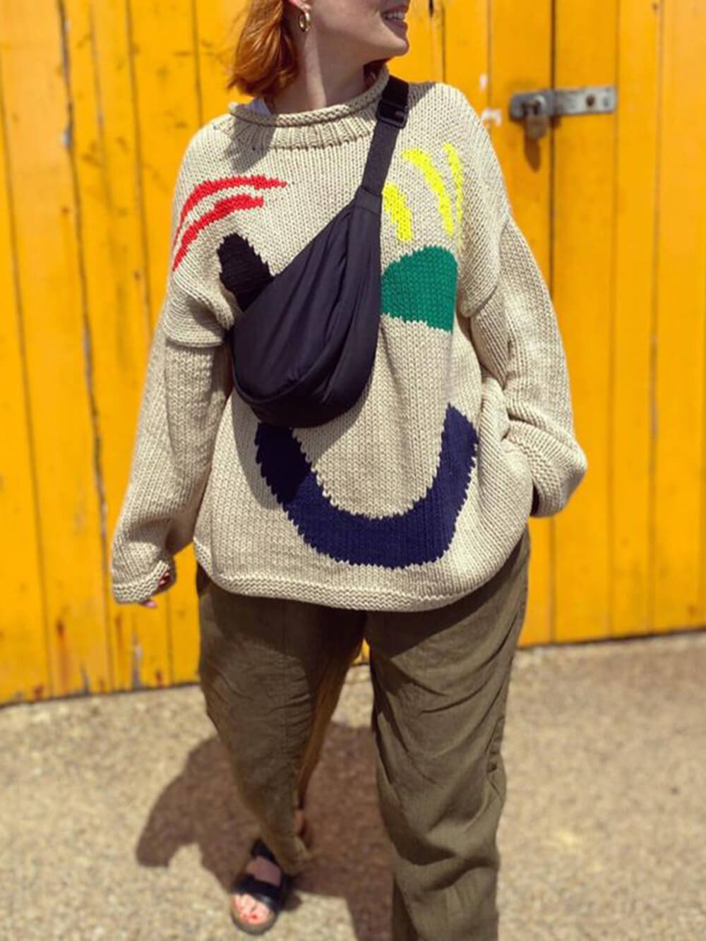 Colorblock Smiley Face Chunky Knit Sweater - Beige