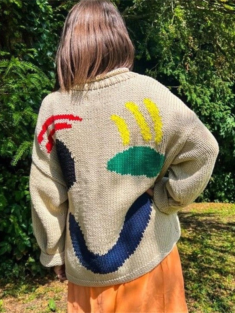 Colorblock Smiley Face Chunky Knit Sweater - Beige - 1