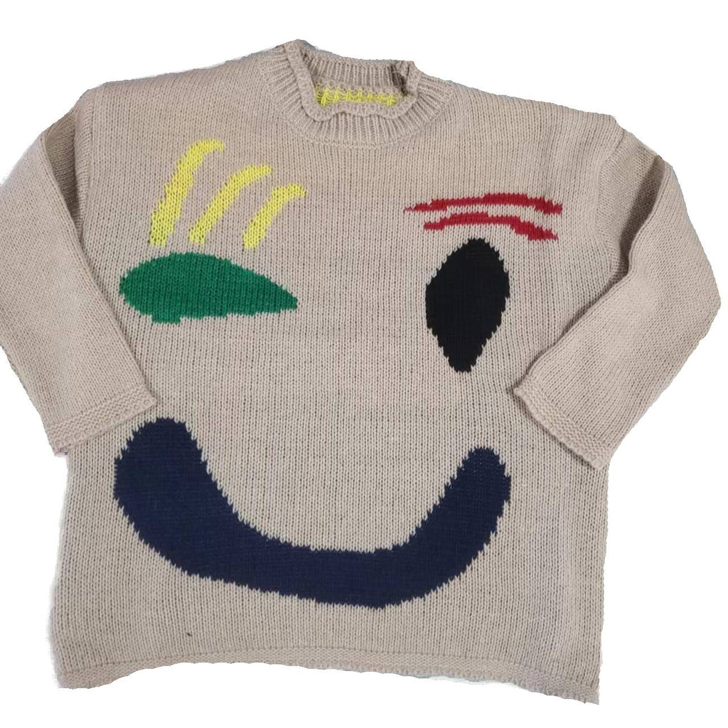 Colorblock Smiley Face Chunky Knit Sweater - Beige - 2