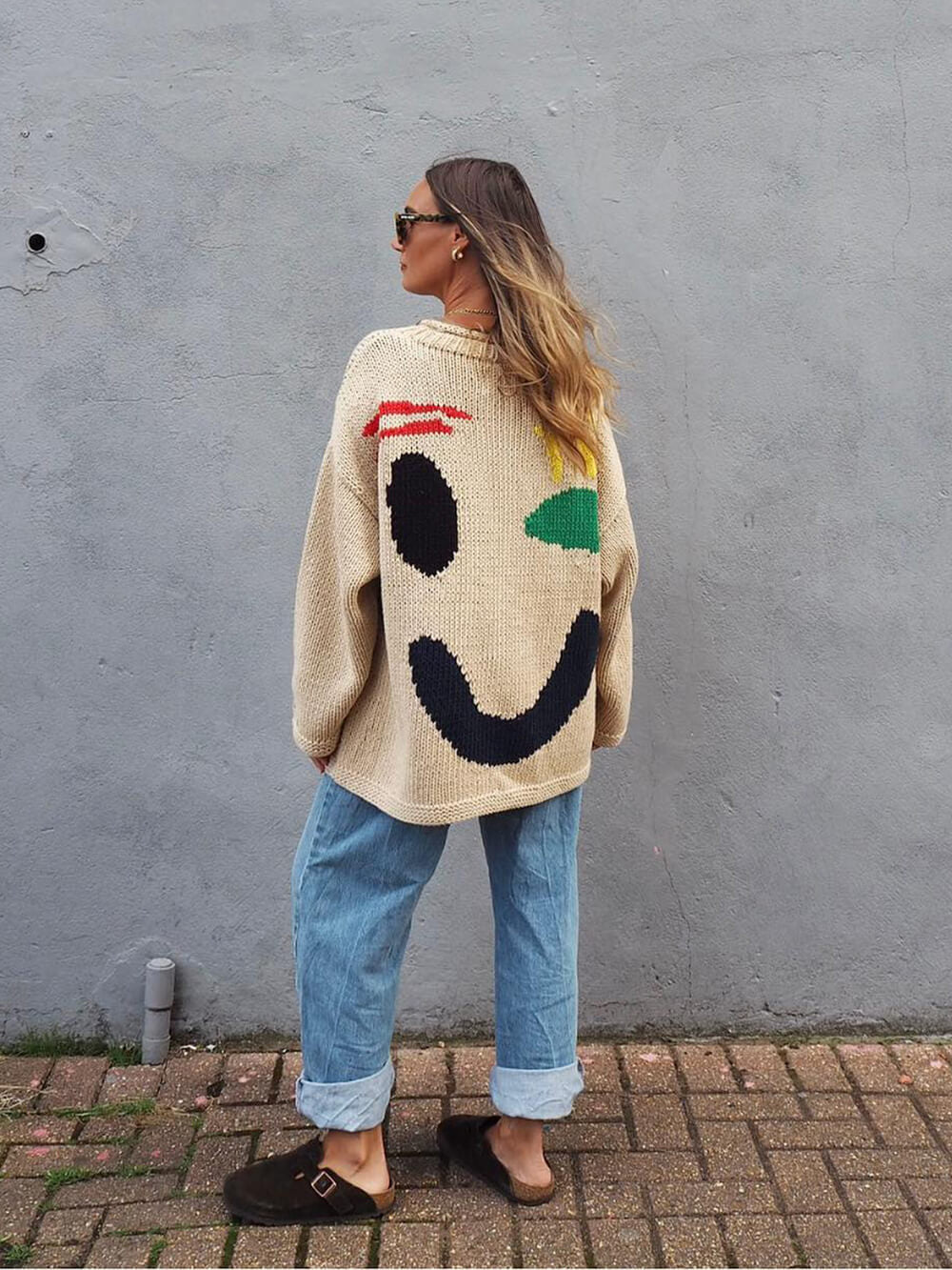 Colorblock Smiley Face Chunky Knit Sweater - Beige - 3