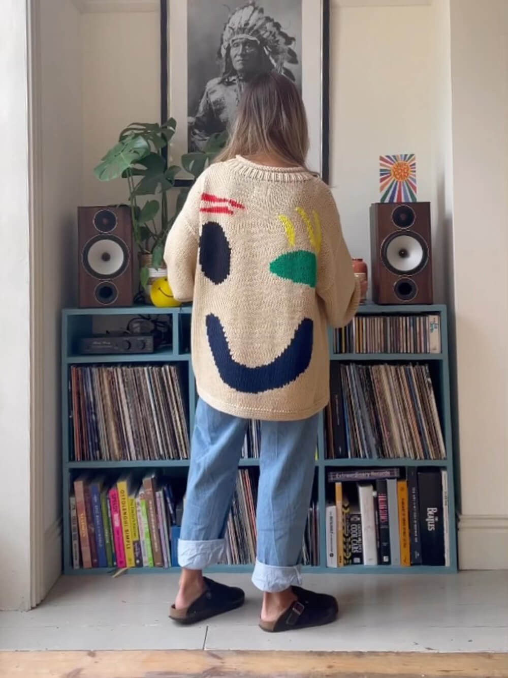 Colorblock Smiley Face Chunky Knit Sweater - Beige - 4