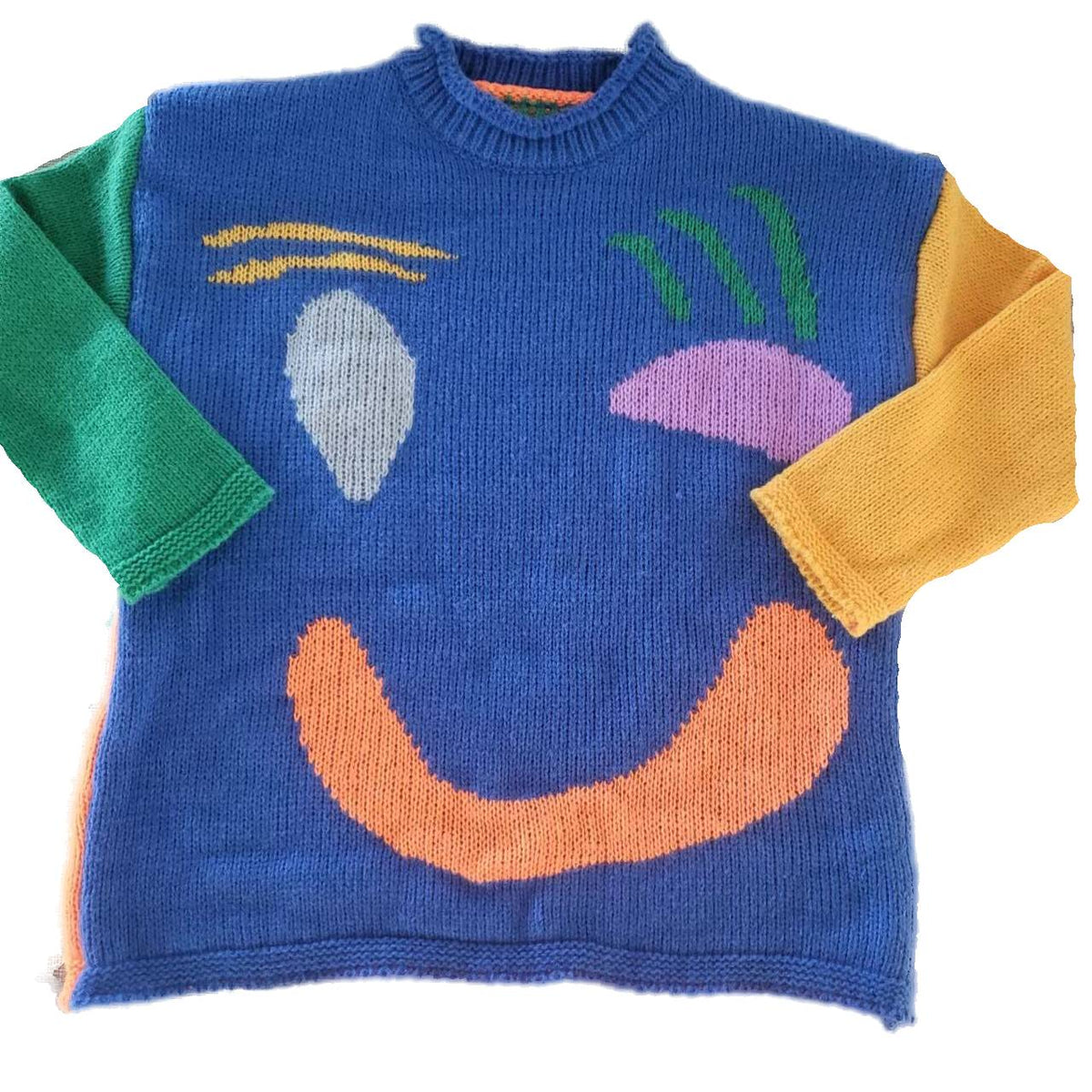 Colorblock Smiley Face Chunky Knit Sweater - Blue