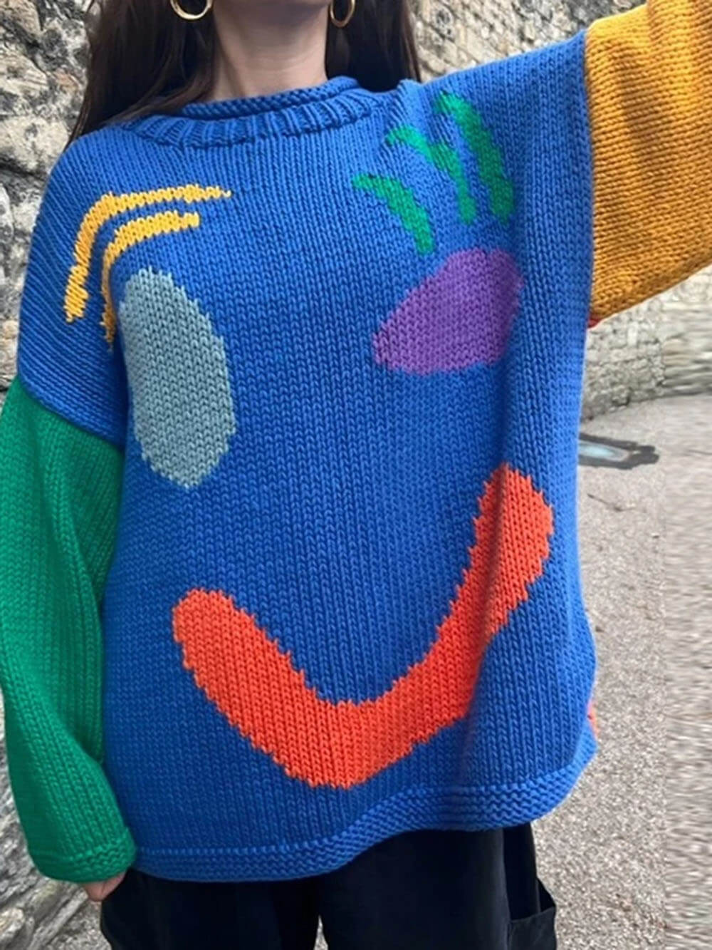 Colorblock Smiley Face Chunky Knit Sweater - Blue - 1