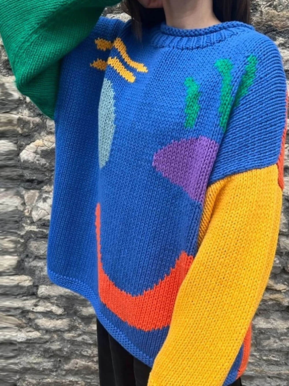 Colorblock Smiley Face Chunky Knit Sweater - Blue - 2