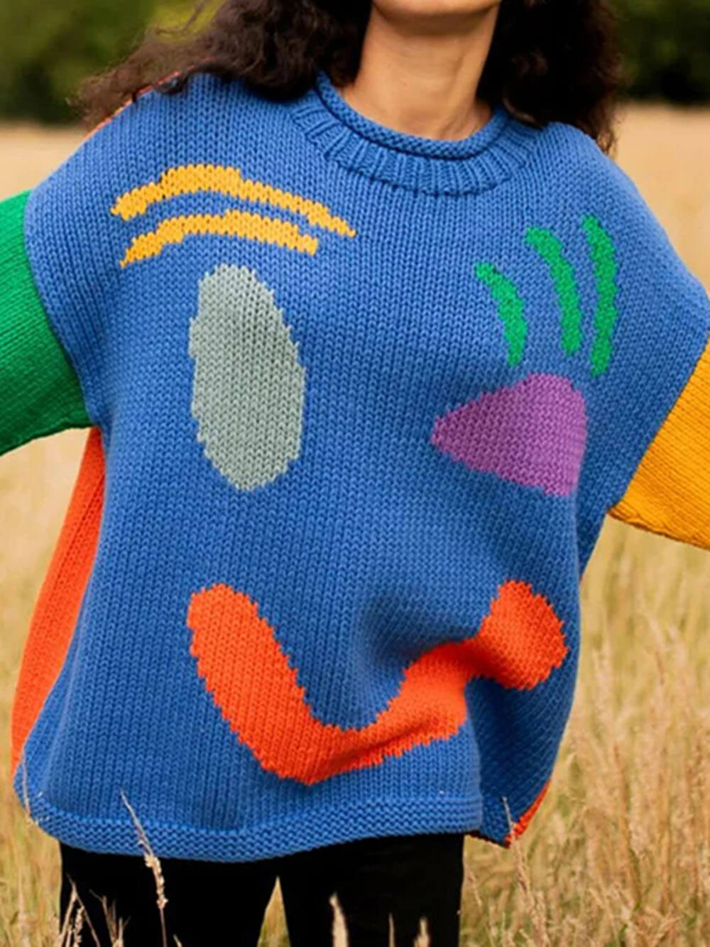 Colorblock Smiley Face Chunky Knit Sweater - Blue - 3