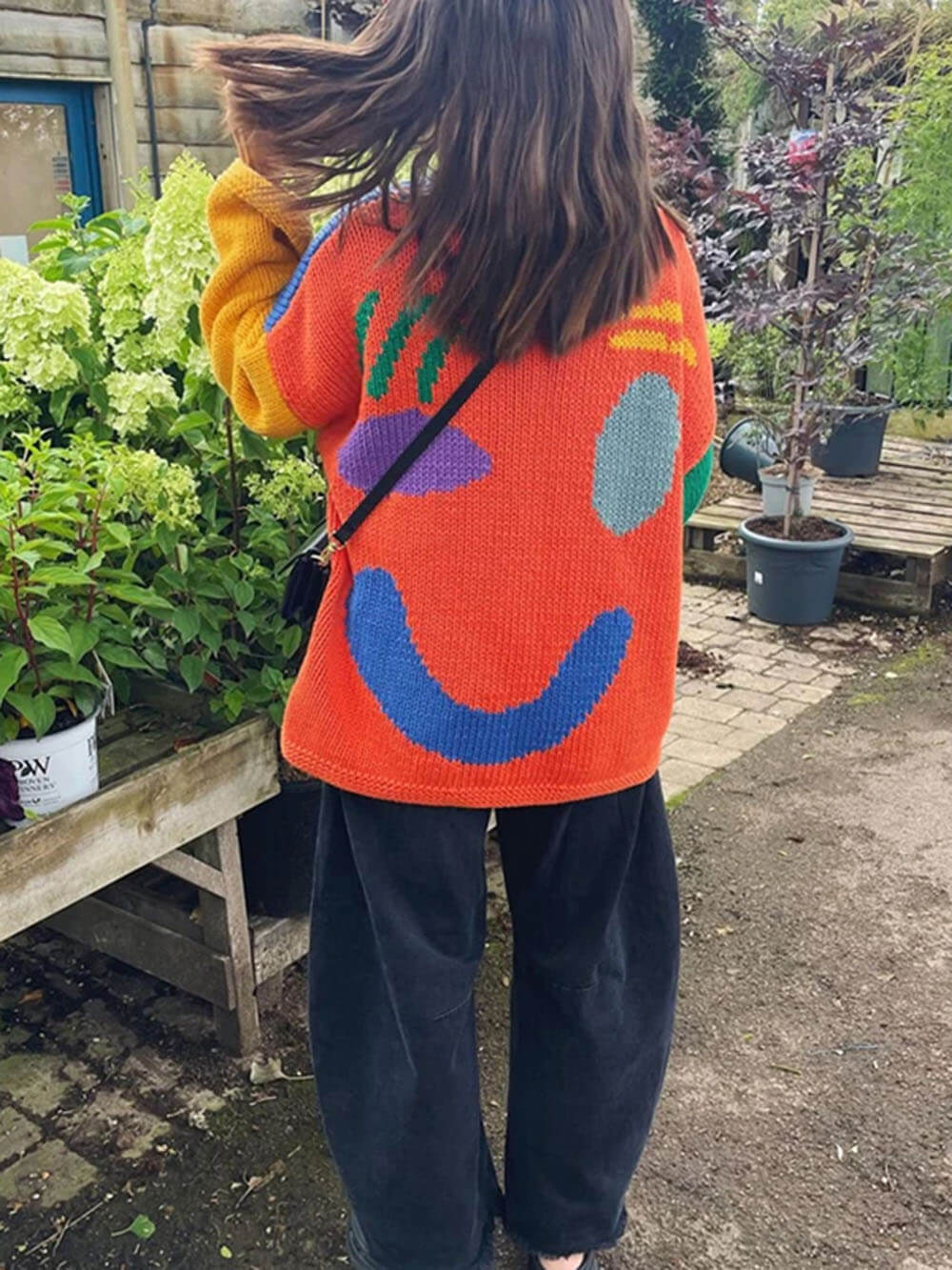 Colorblock Smiley Face Chunky Knit Sweater - Blue - 4