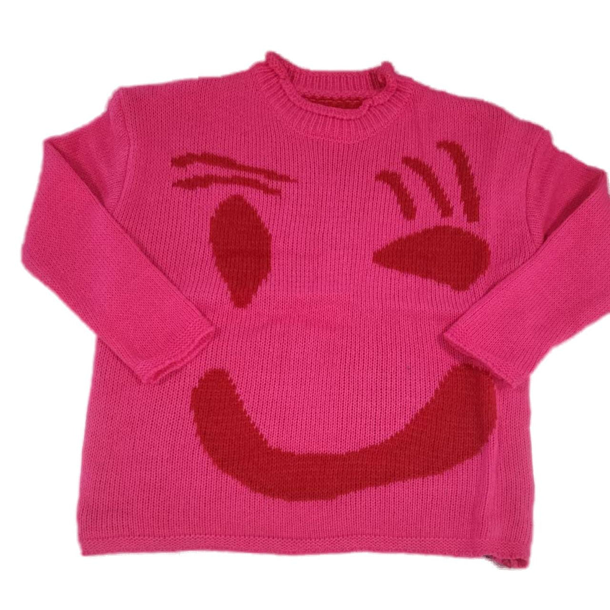 Colorblock Smiley Face Chunky Knit Sweater - Fuchsia