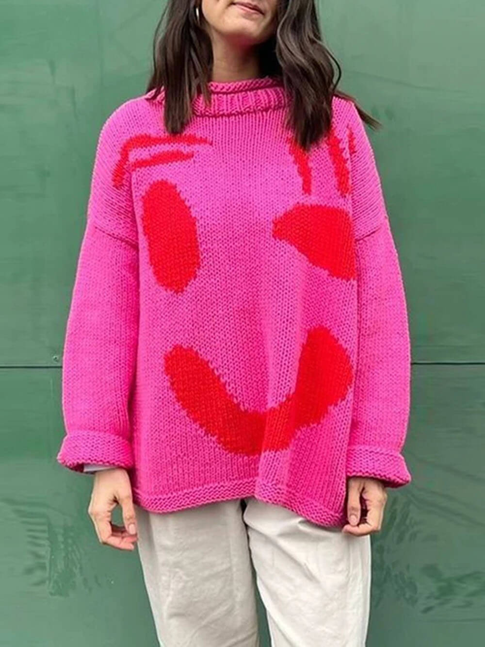 Colorblock Smiley Face Chunky Knit Sweater - Fuchsia - 1
