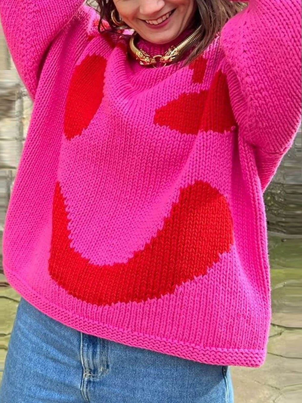 Colorblock Smiley Face Chunky Knit Sweater - Fuchsia - 2