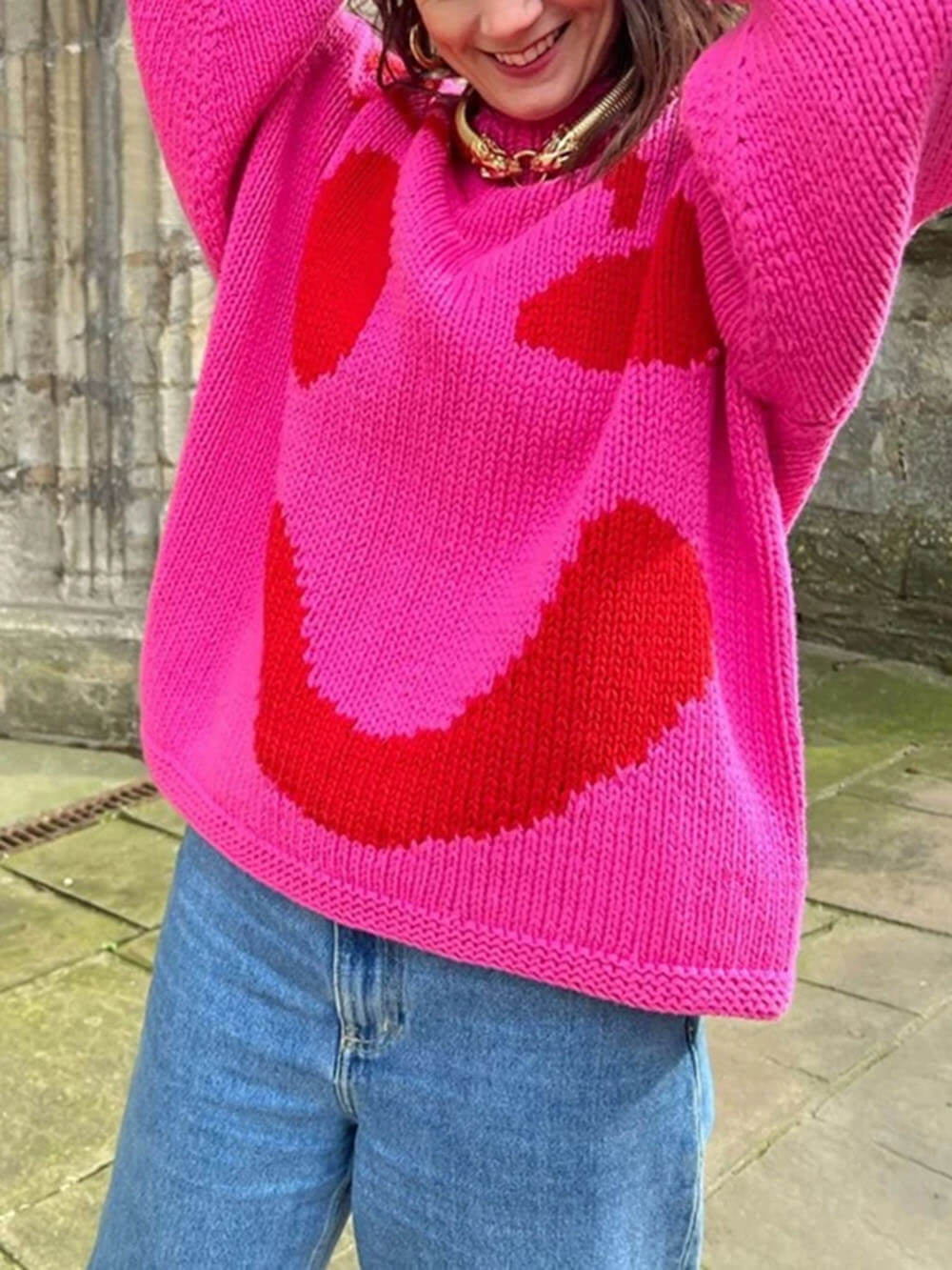 Colorblock Smiley Face Chunky Knit Sweater - Fuchsia - 3