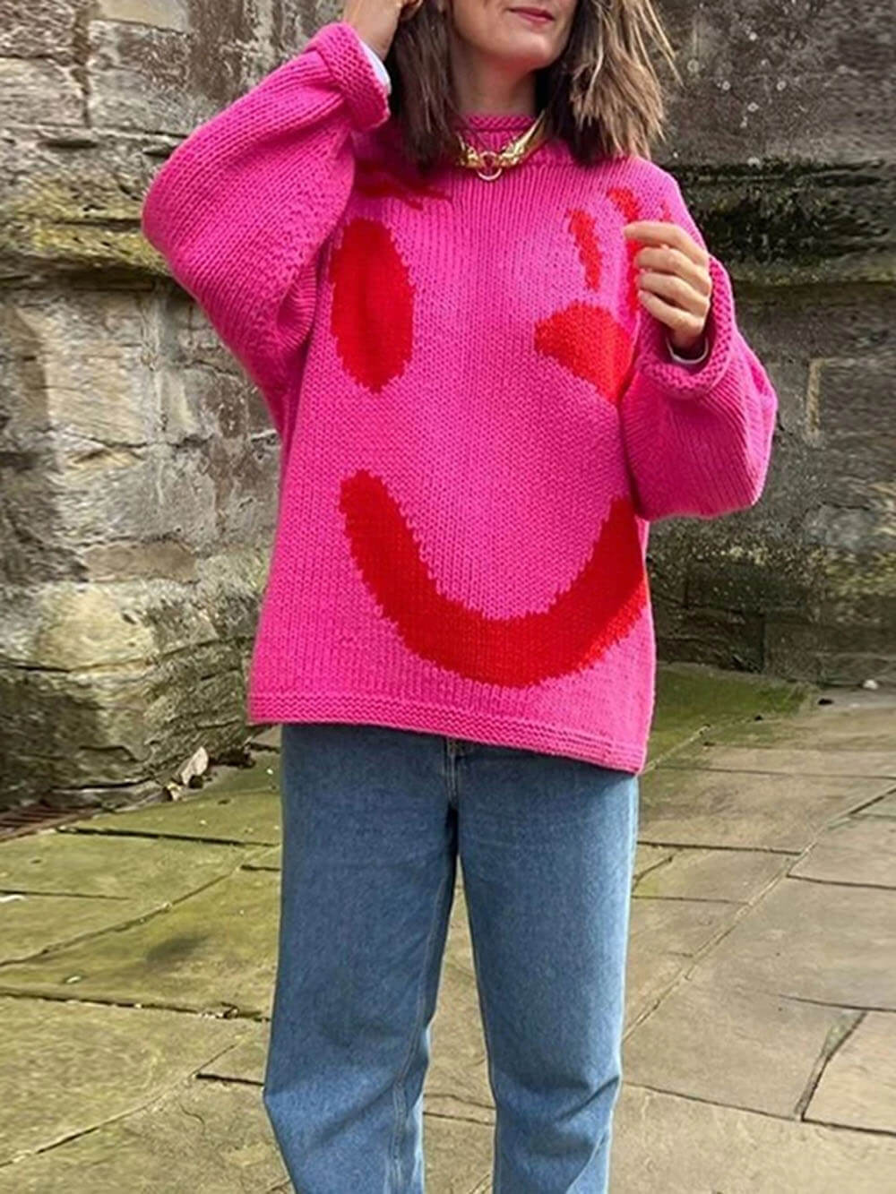 Colorblock Smiley Face Chunky Knit Sweater - Fuchsia - 4