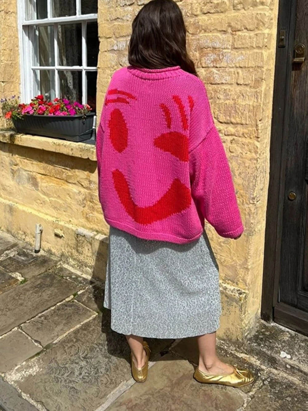 Colorblock Smiley Face Chunky Knit Sweater - Fuchsia - 5