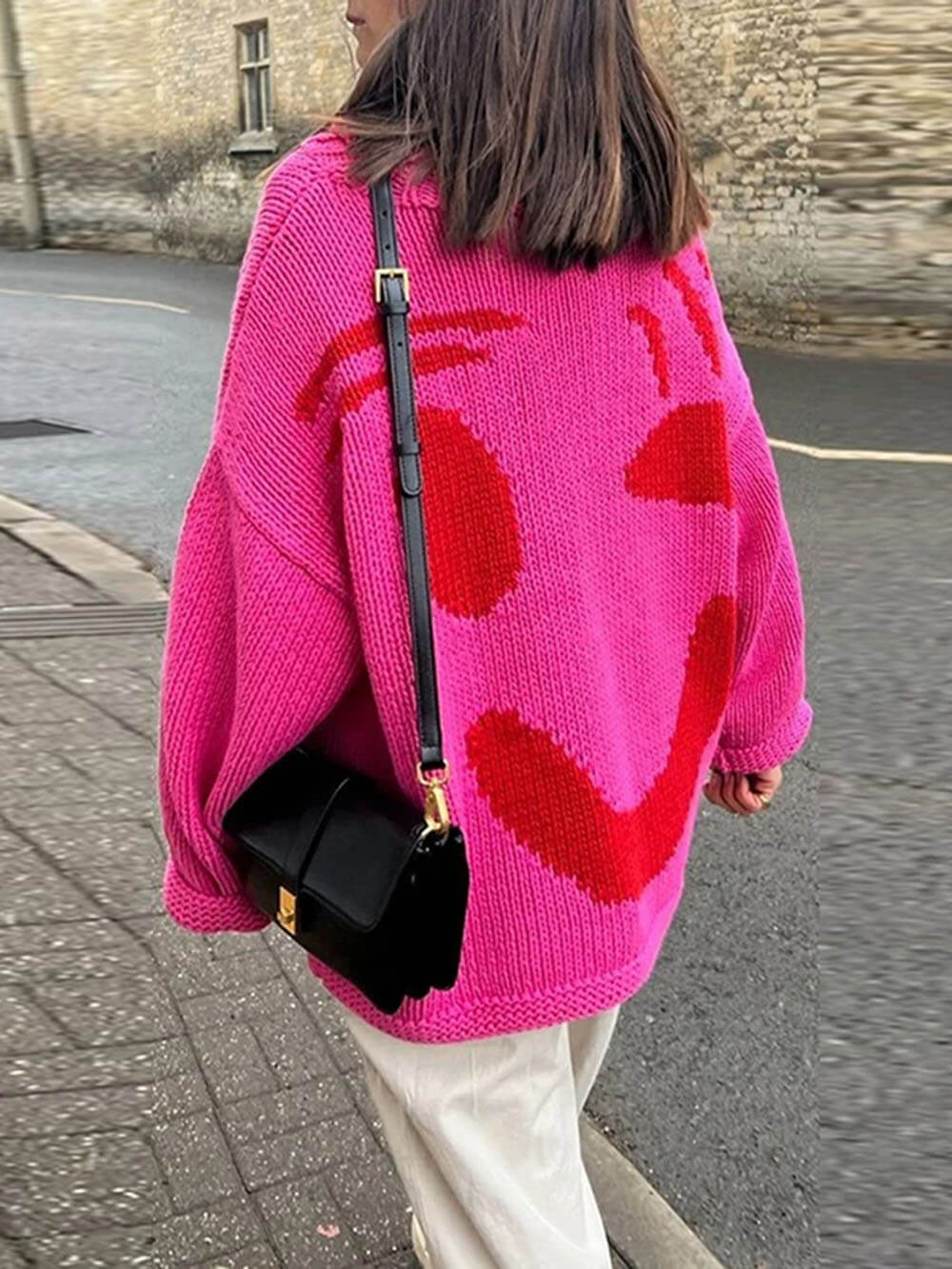 Colorblock Smiley Face Chunky Knit Sweater - Fuchsia - 6