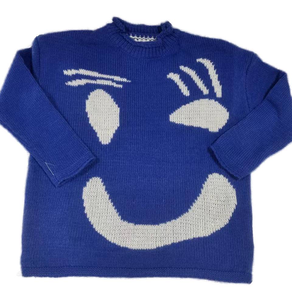 Colorblock Smiley Face Chunky Knit Sweater - Royal
