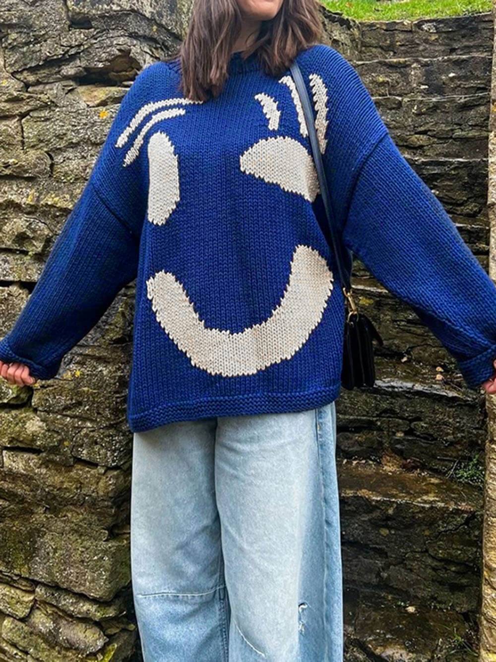Colorblock Smiley Face Chunky Knit Sweater - Royal - 1