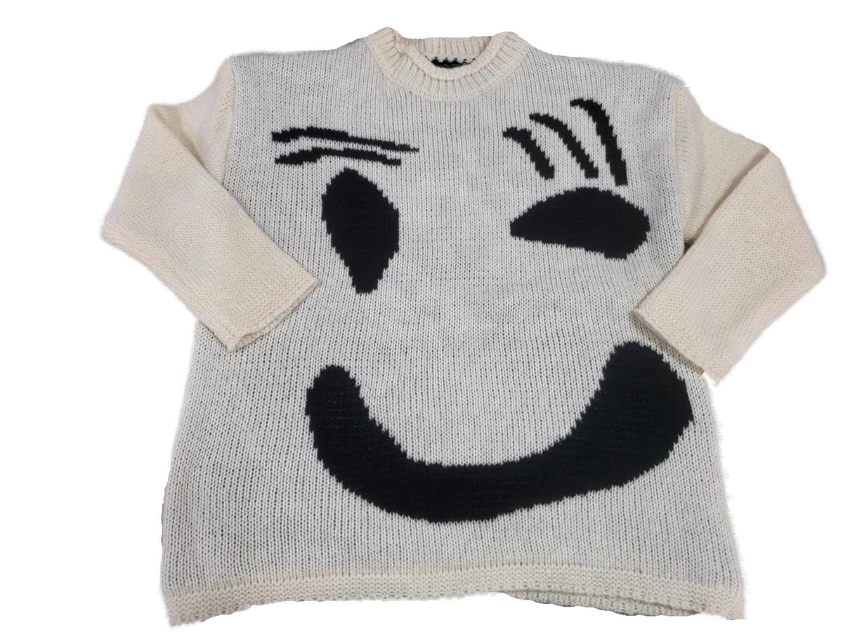 Colorblock Smiley Face Chunky Knit Sweater - White