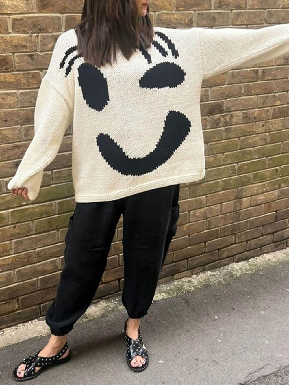 Colorblock Smiley Face Chunky Knit Sweater - White - 1