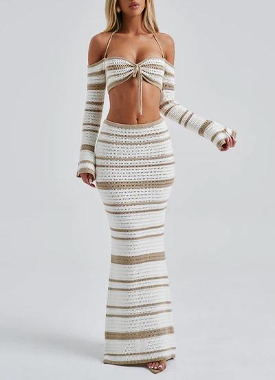 Striped Knit Halter Top Maxi Skirt Set - Camel