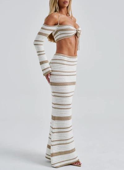 Striped Knit Halter Top Maxi Skirt Set - Camel - 1