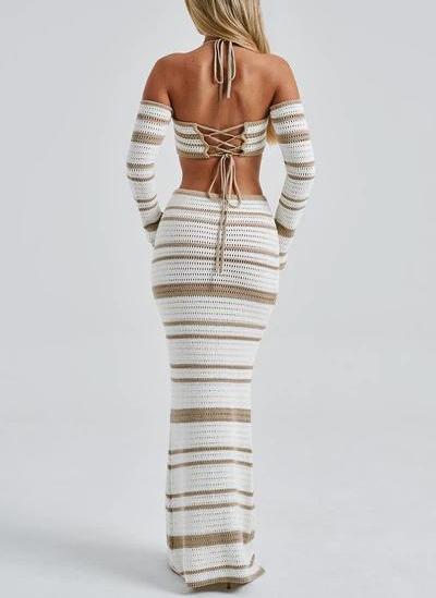 Striped Knit Halter Top Maxi Skirt Set - Camel - 2