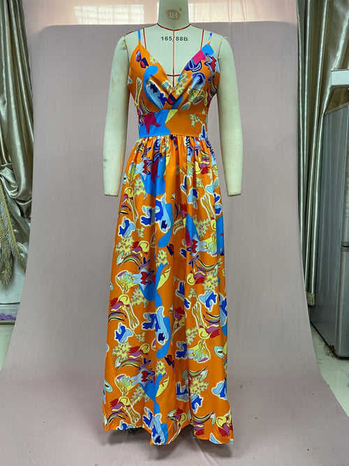 Abstract Print V Neck Maxi Dress - Orange