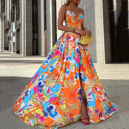 Abstract Print V Neck Maxi Dress