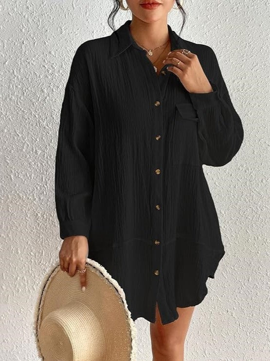 Crinkle Cotton Oversized Beach Shirt Dress - Black