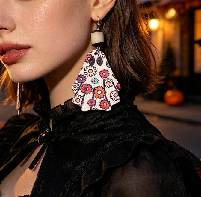 Ghost Shaped Floral Print Dangle Earrings - NO-1
