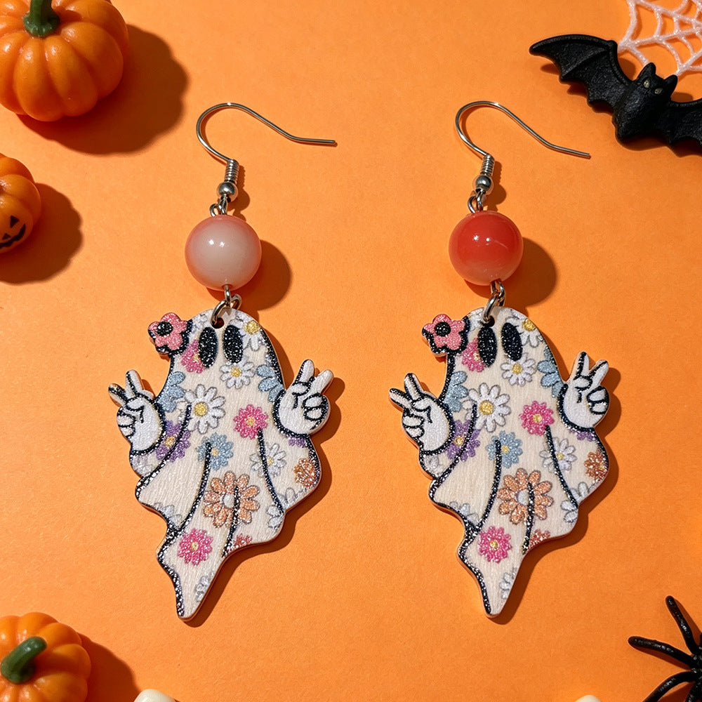 Ghost Shaped Floral Print Dangle Earrings - NO-2