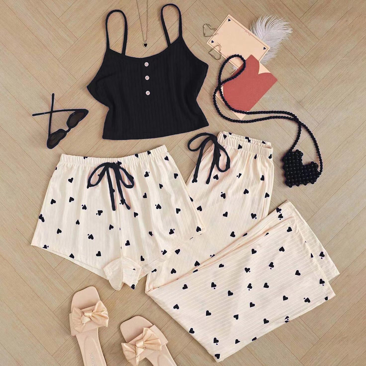 Ribbed Cami Shorts and Pants Pajama Set - Black