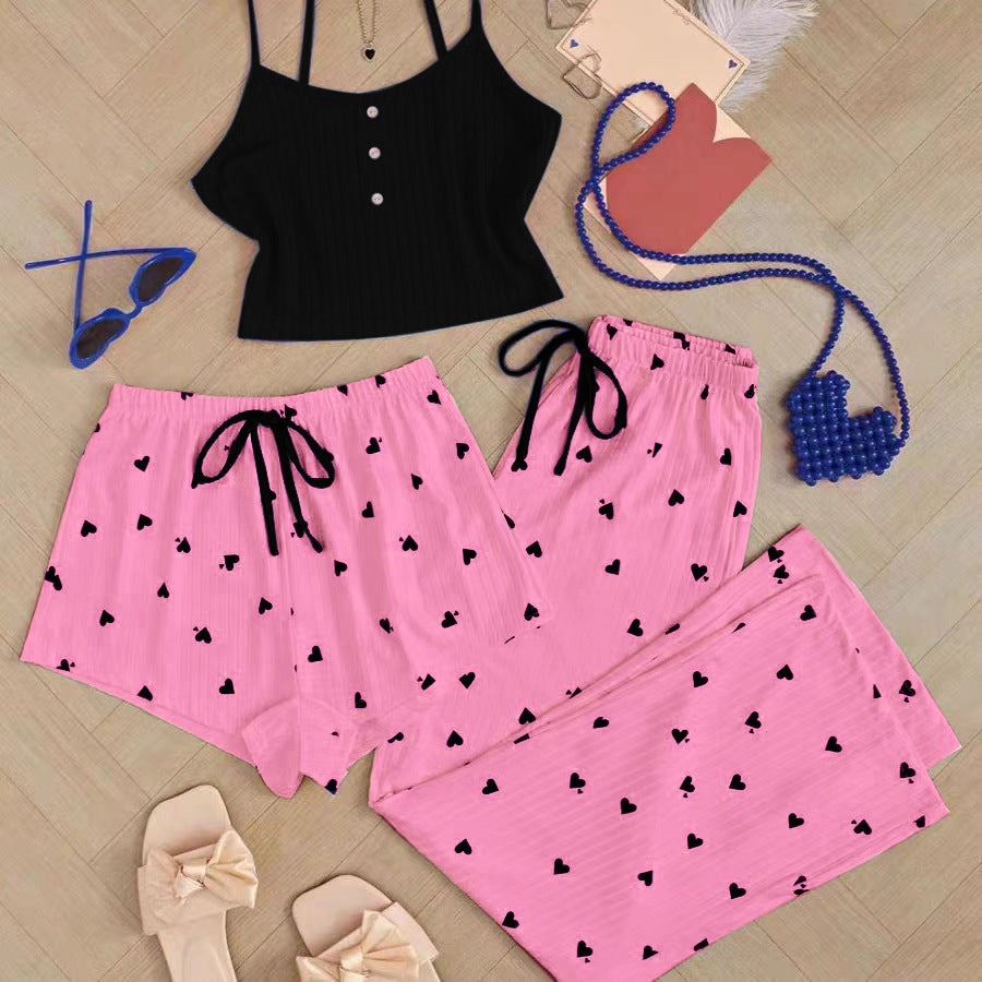 Ribbed Cami Shorts and Pants Pajama Set - BlackFuchsia