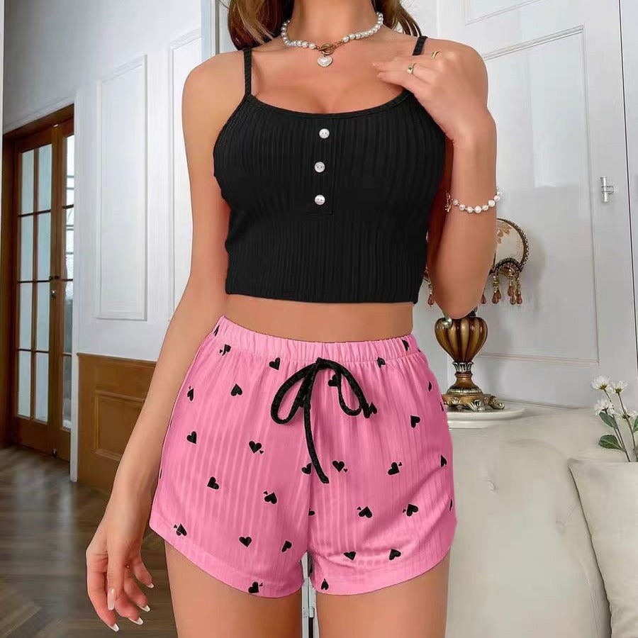 Ribbed Cami Shorts and Pants Pajama Set - BlackFuchsia - 1