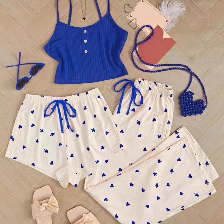 Ribbed Cami Shorts and Pants Pajama Set - Blue