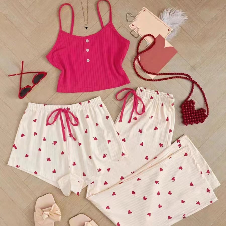 Ribbed Cami Shorts and Pants Pajama Set - Fuchsia