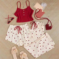 Ribbed Cami Shorts and Pants Pajama Set - Red