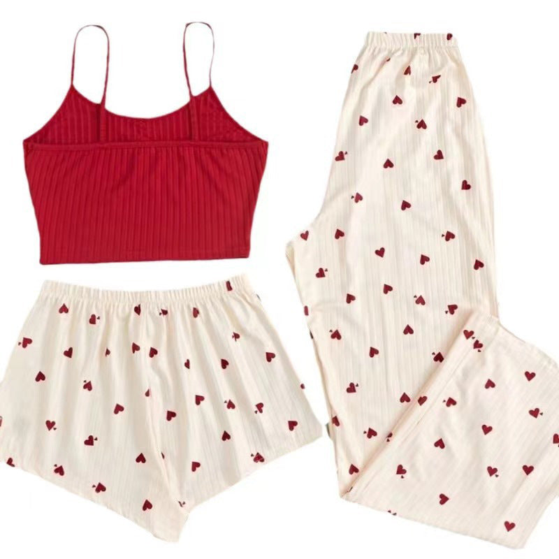 Ribbed Cami Shorts and Pants Pajama Set - Red - 1