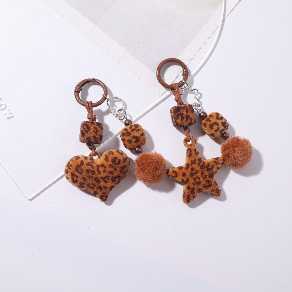 Flocked Leopard Charm Keychain With Faux Fur Pom - NO-1