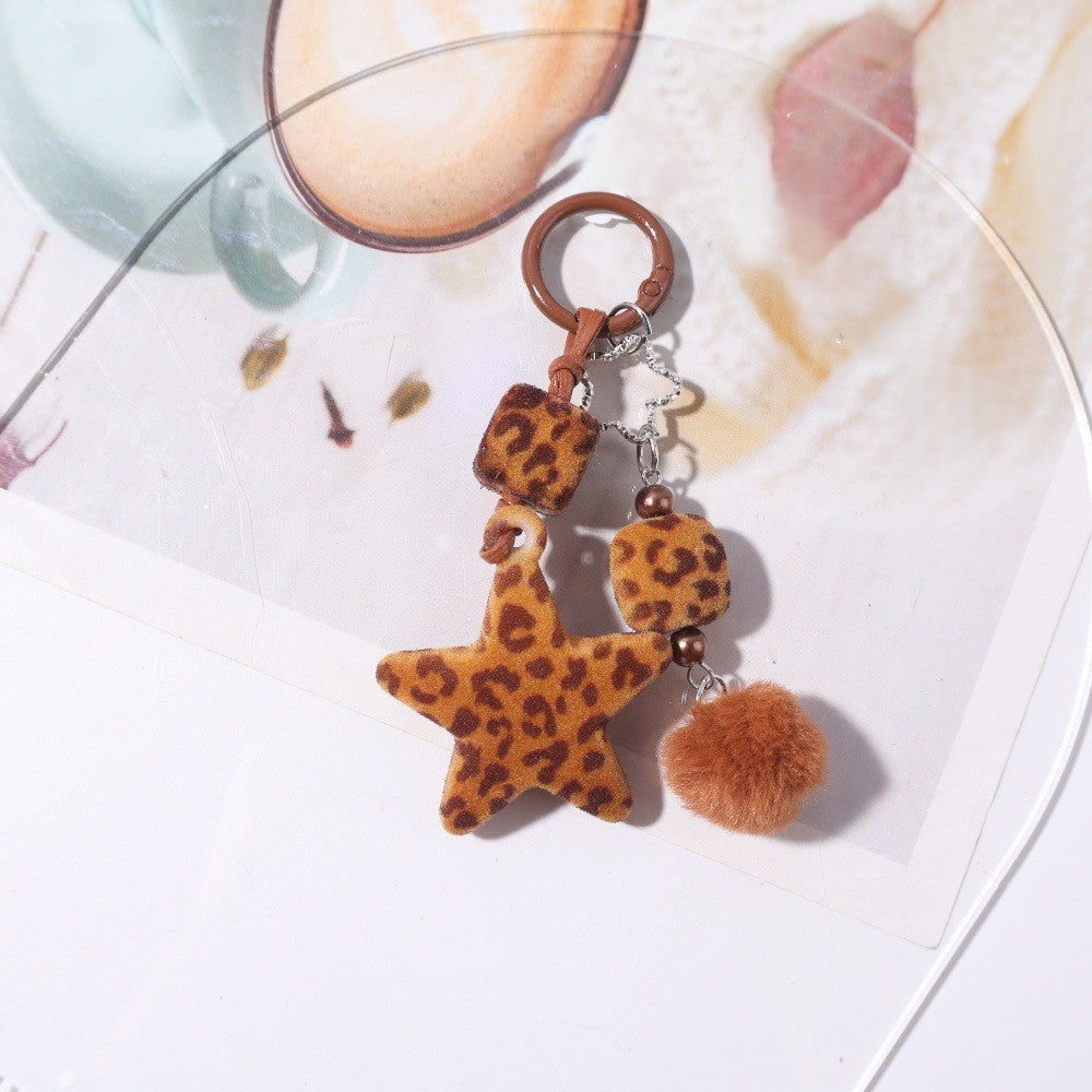 Flocked Leopard Charm Keychain With Faux Fur Pom - NO-2
