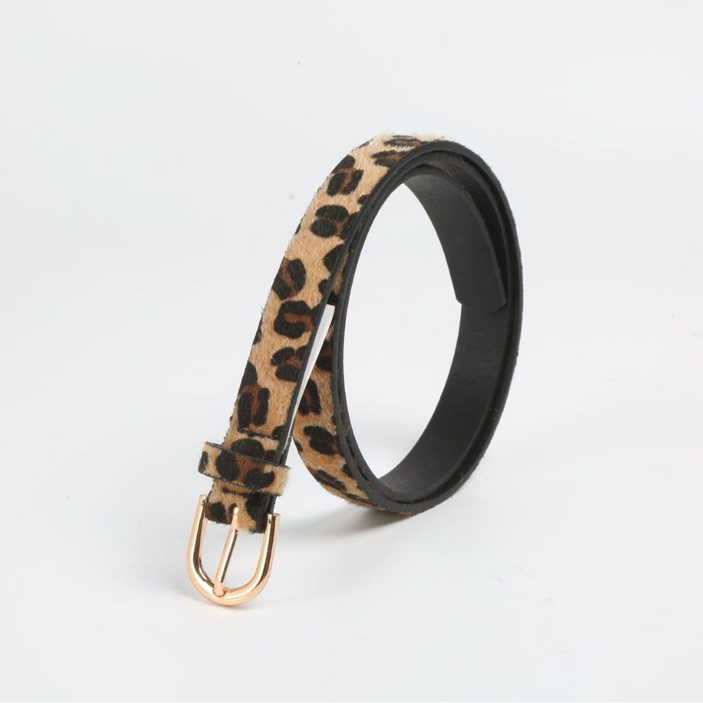 Leopard Calf Hair Look Slim Belt - Brown